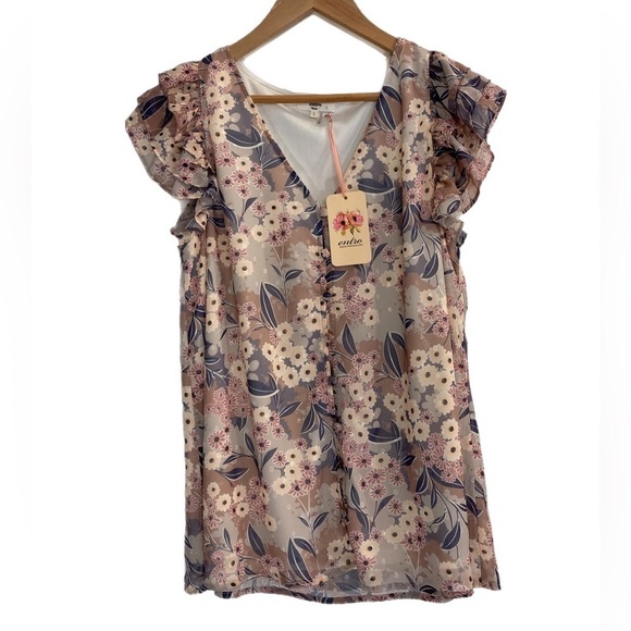 Entro NWT flutter sleeve button up v-neck floral blouse - Picture 1 of 5